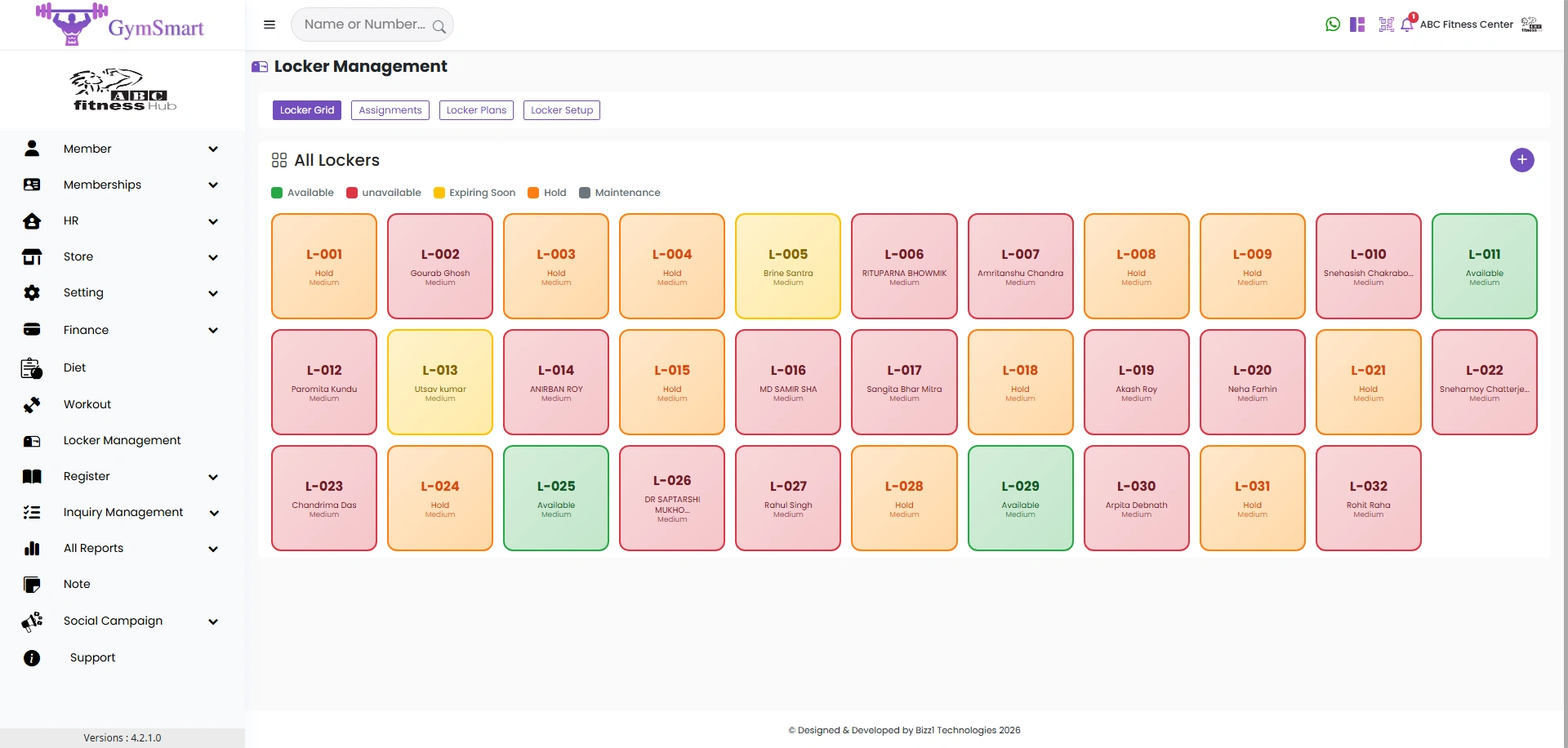 Gym locker allocation grid and locker renewal management software